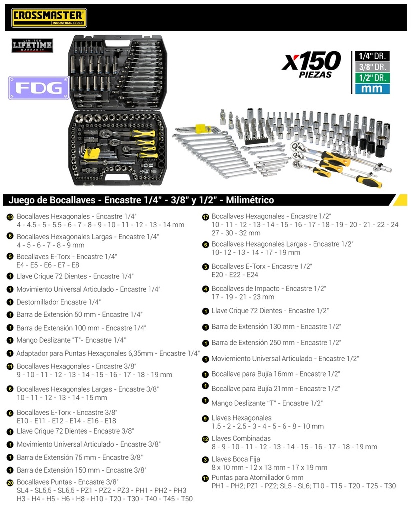 BOCALLAVES JUEGO DE 150 Pzs 1/4-1/2-3/8" JGO