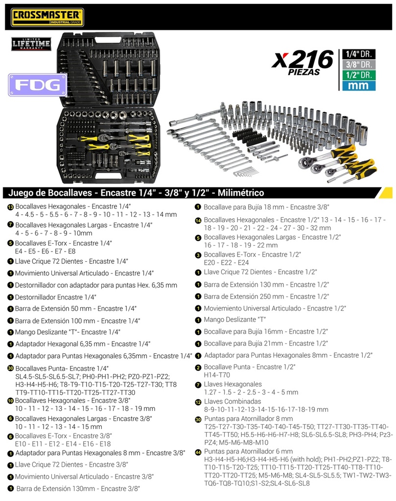 BOCALLAVES JUEGO DE 216 Pzs 1/4-1/2-3/8" JGO