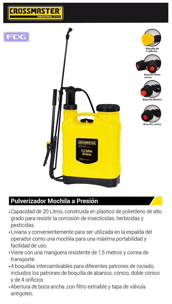 PULVERIZADOR MOCHILA 20 Ltrs C/Lanza CROSS 