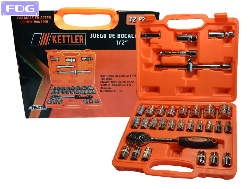TUBOS BOCALLAVES X 32 PIEZAS ENCASTRE DE 1/2" - CROMO VANADIO 