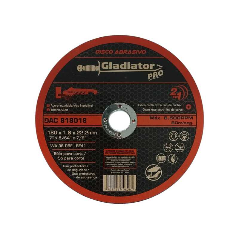 Disco de corte 180 x 1,8 x 22,2 mm para acero y acero inox (Pac x 25) "Gladiator"