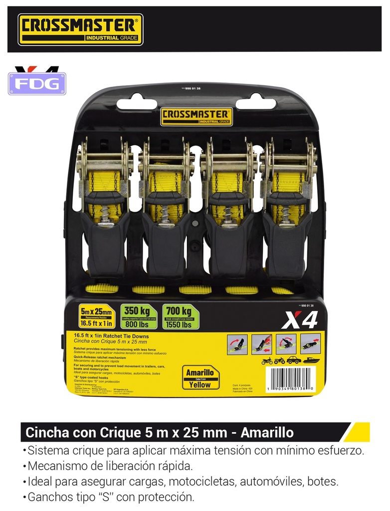 CINCHA AMARRE C/CRIQUE 700Kg-4 PCS CROSS