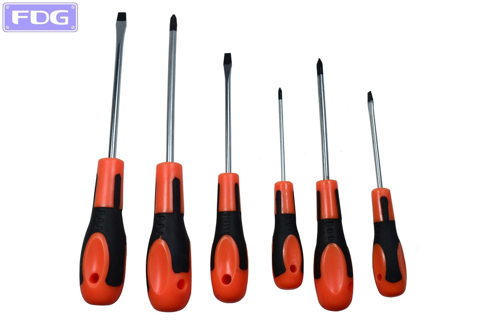 DESTORNILLADORES PROFESIONALES EN JUEGO X 6 PIEZAS MANGO ANATOMICO BICOLOR CON  PUNTA MAGNETICA EN CAJA FULL COLOR 
