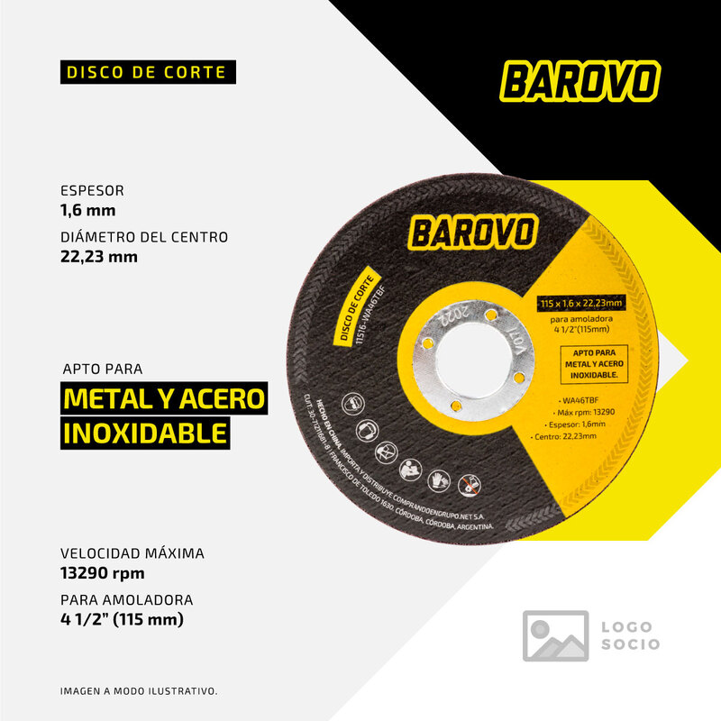 Disco de corte 115 x1,6 mm (P x20-Cx80) "Barovo" 