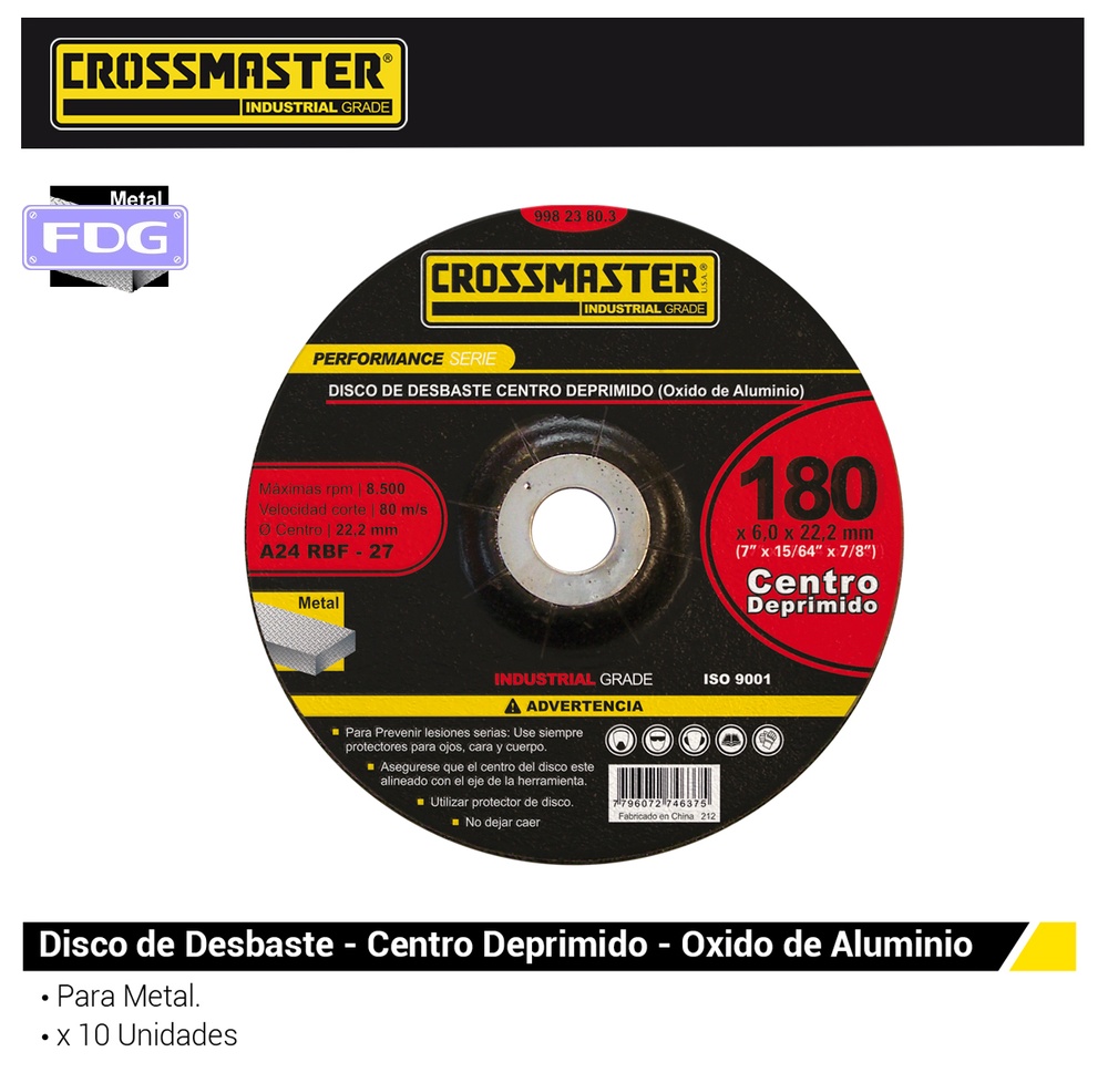Disco Desbaste 180 x 6 mm Centro Deprimido "Crossmaster"