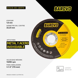 [11516-WA46TBF] Disco de corte 115 x1,6 mm (P x20-Cx100) &quot;Barovo&quot; 